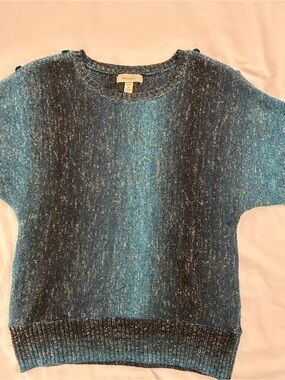 Dressbarn Blue Speckled Short-Sleeve Knit Sweater with Button Detail